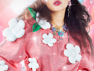 Rose peach crystals applied on pink fabric