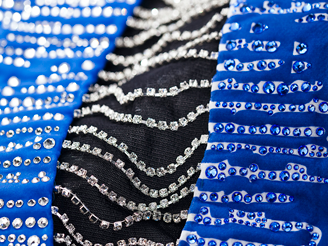 dance dress with white and blue crystals and cupchains