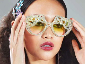 sunglasses on a model decorated with Acid Yellow crystals