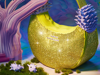 handbag covered in acid yellow flatback crystals