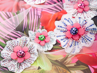 fabric with tropical print and crystals