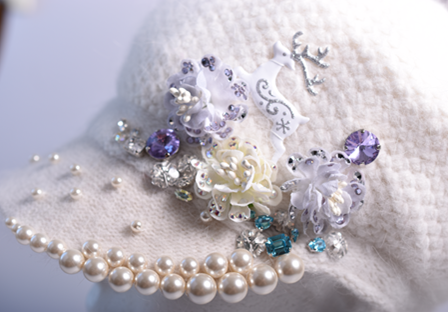 detial of crystal-embellished winter hat with pearls and sew-on crystals