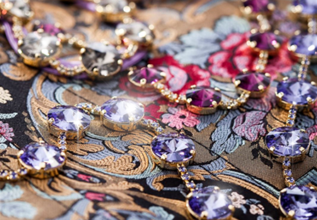 Apparel crystal inspiration with Rivoli crystals in purple and pink colors