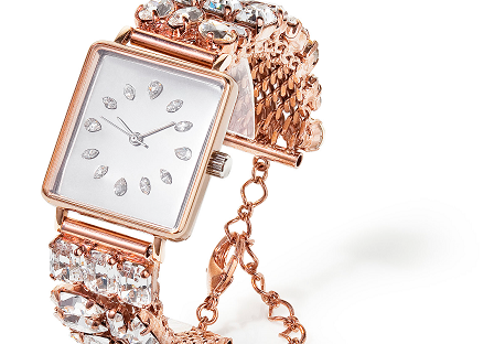 watch with crystals in rose gold setting
