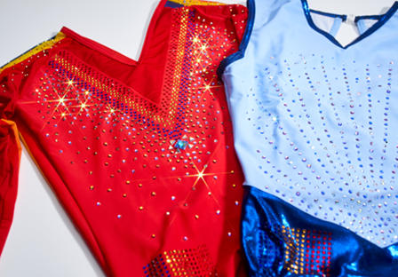  custom leotards, embellished with thousands of Preciosa hotfix flatback crystals