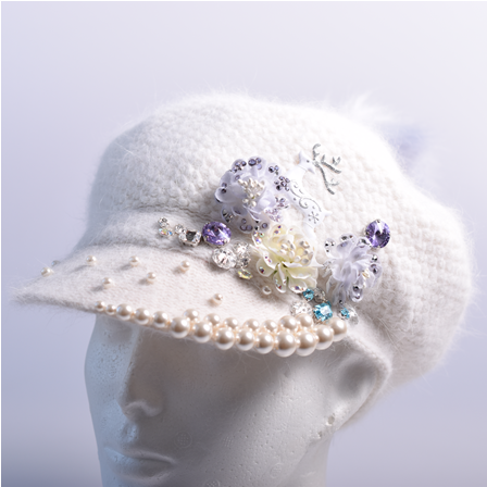crystal-embellished winter hat with pearls and sew-on crystals