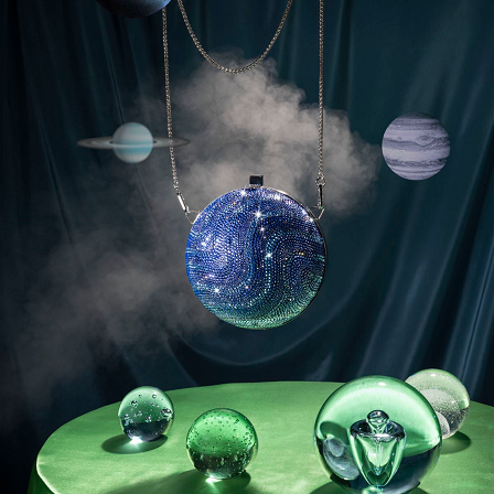 blue violet crystals on handbag