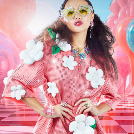 Rose peach crystals applied on pink fabric