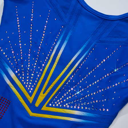  custom leotards, embellished with thousands of Preciosa hotfix flatback crystals
