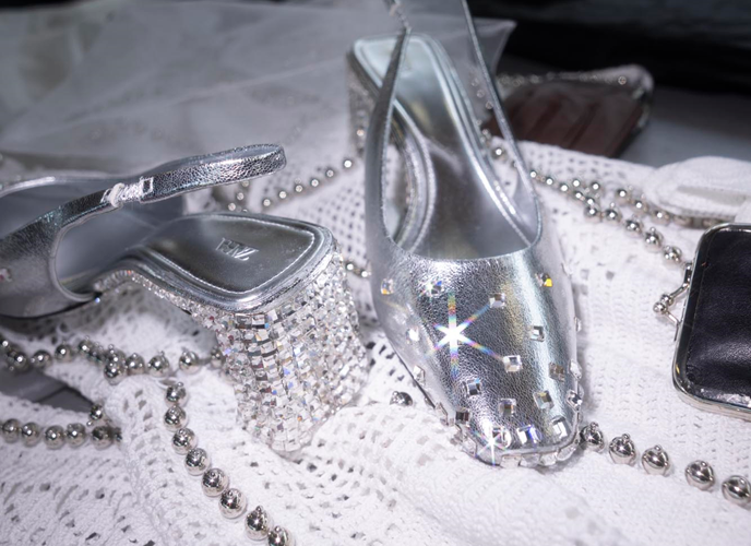 Central Saint Martins university fashion student working with crystals