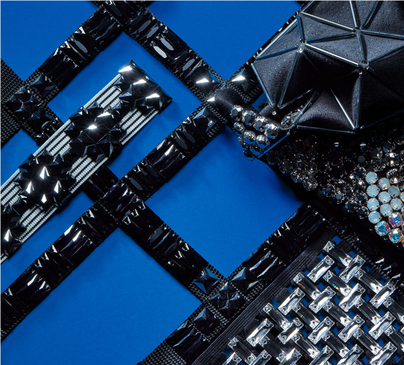 flatback and sew-on crystals in black color Jet on blue fabric