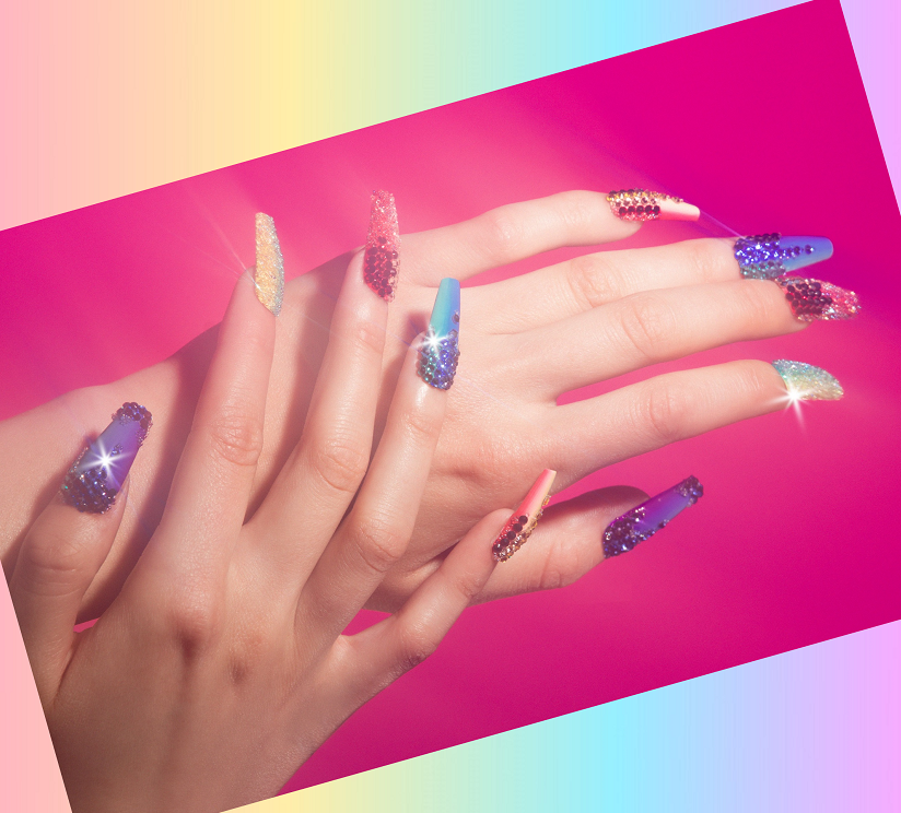 nail art with multicolored stones