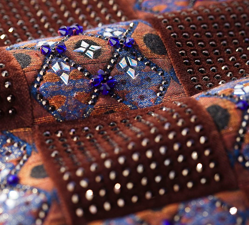 fabric with Preciosa hotfix stones with metallic and AB coating and rondelle beads in Cobalt Blue