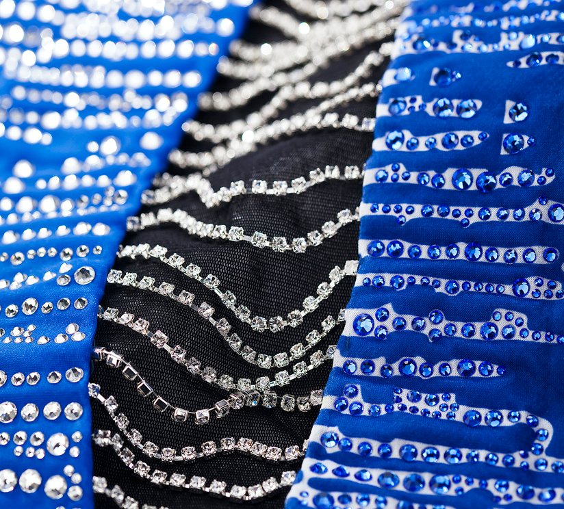 dance dress with white and blue crystals and cupchains