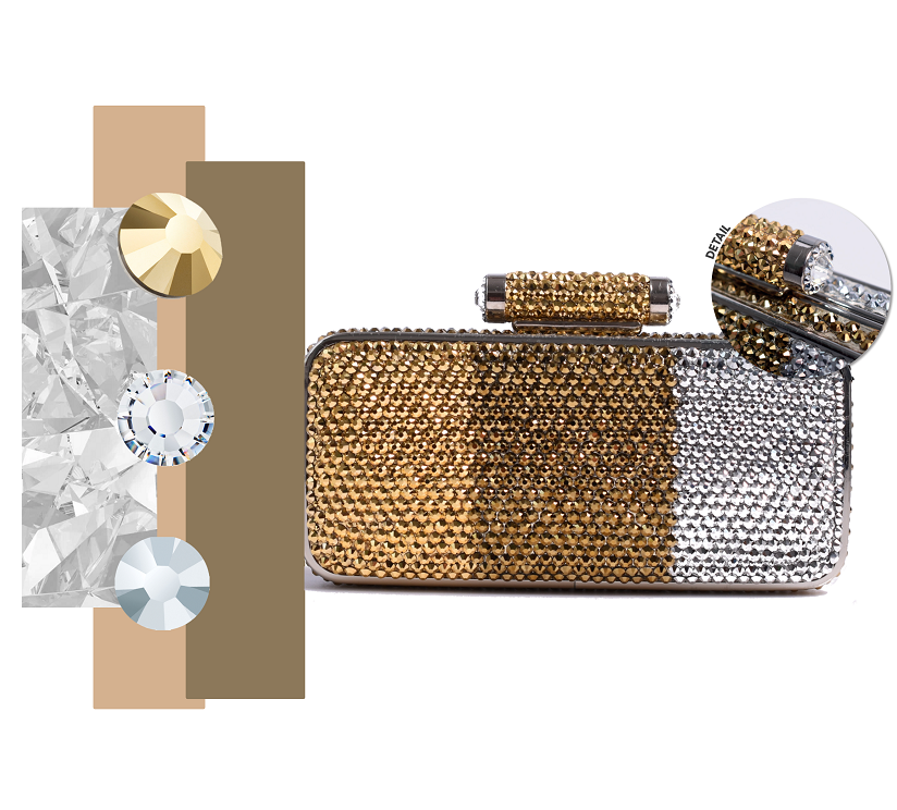 gold crystals on handbag