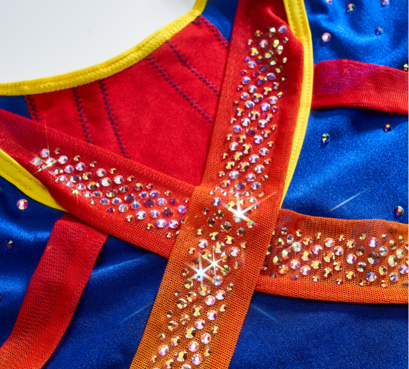  custom leotards, embellished with thousands of Preciosa hotfix flatback crystals